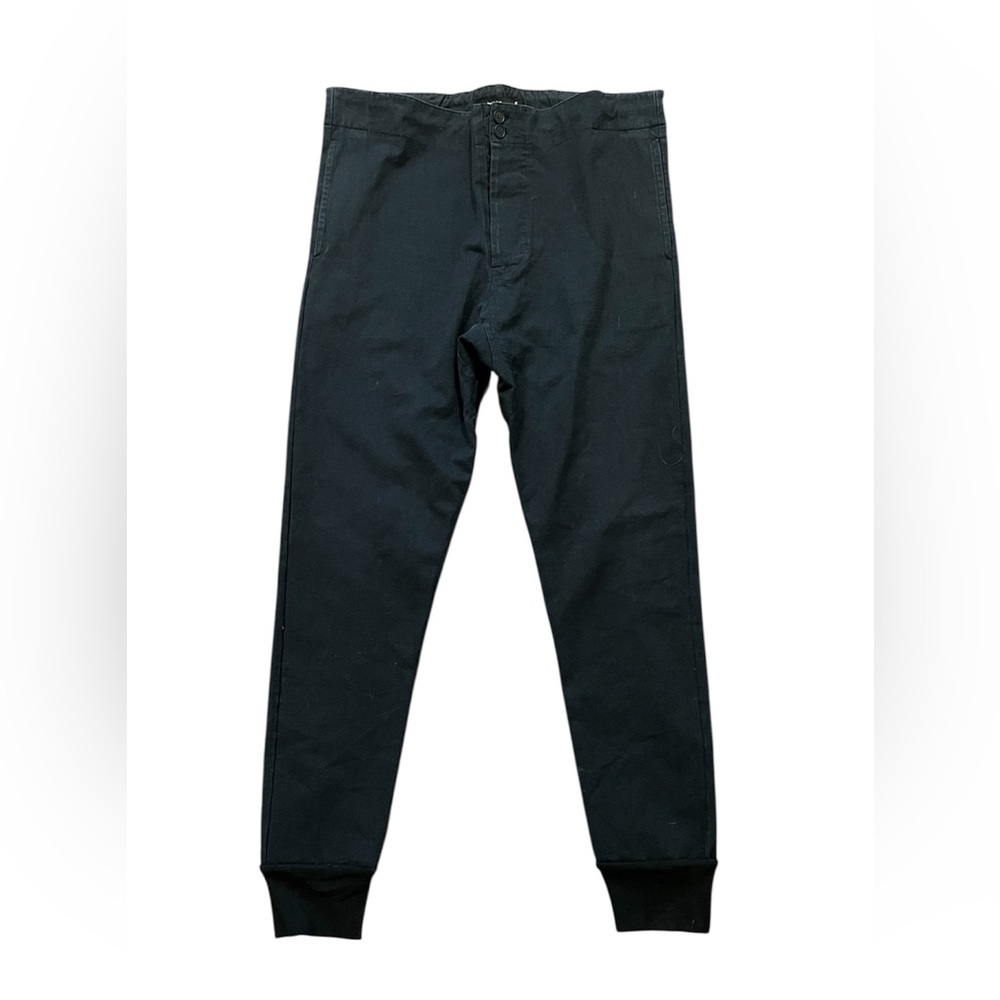 Bassike Black Cotton Lycra Jogger Pants Button Front Tapered Leg Size M